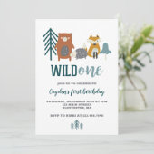 Wild One 森の動物 1歳の誕生日招待状 招待状 (スタンド正面)
