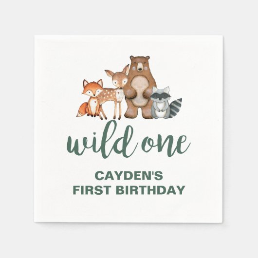 Wild One 森の動物 1歳の誕生日 ナプキン スタンダードカクテルナプキン (正面)