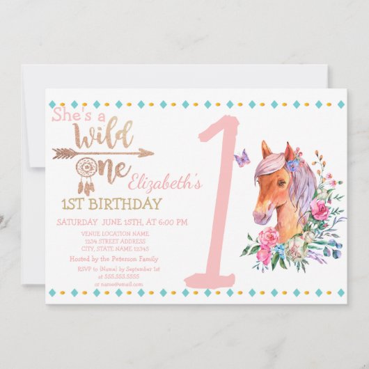 Wild One,矢印,ポニーの花 誕生日招待状 招待状 (正面)