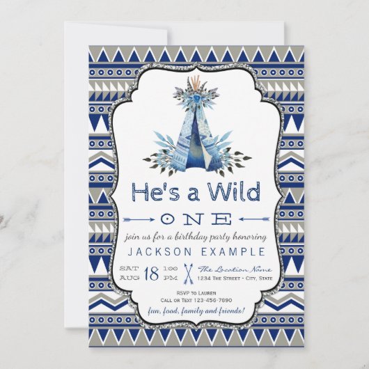 Wild One 誕生日パーティー ブルー ティーピー 初めての誕生日 招待状 (正面)