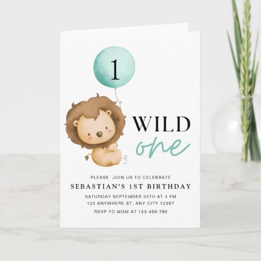 Wild One 誕生日 ライオン インビテーション, 動物園 誕生日 招待状 (正面)