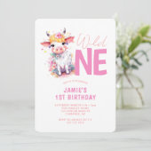 Wild One 赤ちゃん牛 ピンク 1歳 誕生日 招待状 (スタンド正面)