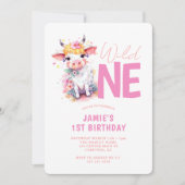 Wild One 赤ちゃん牛 ピンク 1歳 誕生日 招待状 (正面)