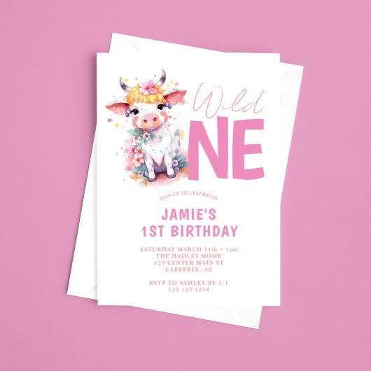 Wild One 赤ちゃん牛 ピンク 1歳 誕生日 招待状