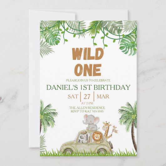 Wild One 1歳の誕生日サファリジャングル招待状 招待状 (正面)