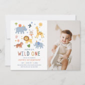 Wild One 1歳の誕生日サファリ動物かわいい写真 招待状 (正面)