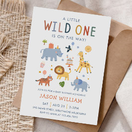 Wild One 1歳の誕生日サファリ動物 かわいい子供たち 招待状