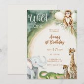 Wild One 1歳の誕生日招待状 | サファリの動物F 招待状 (正面/裏面)