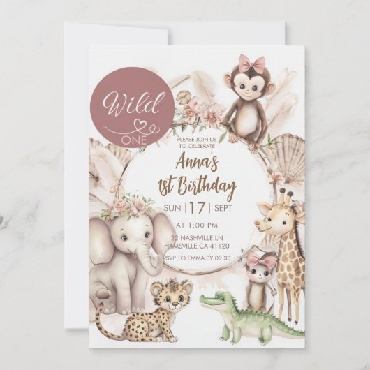 Wild One 1歳の誕生日招待状 | サファリ動物G 招待状 (正面)
