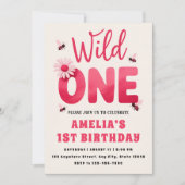 Wild One 1歳の誕生日招待状 女の子 ピンクのデイジーB 招待状 (正面)