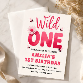 Wild One 1歳の誕生日招待状 女の子 ピンクのデイジーB 招待状