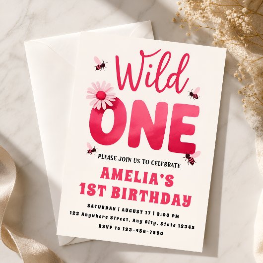Wild One 1歳の誕生日招待状 女の子 ピンクのデイジーB 招待状