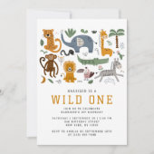 Wild One 1歳の誕生日 サファリの動物 かわいい子供 招待状 (正面)