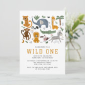 Wild One 1歳の誕生日 サファリの動物 かわいい子供 招待状 (スタンド正面)