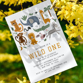 Wild One 1歳の誕生日 サファリの動物 かわいい子供 招待状