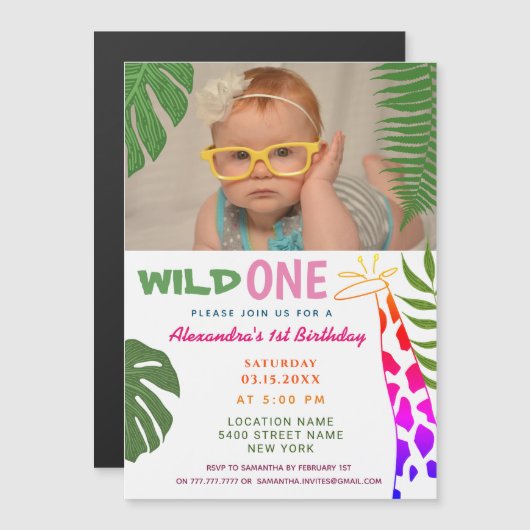 Wild ONE 1歳の誕生日 ジュングルサファリ キリン 写真 マグネット招待状 (正面/裏面)