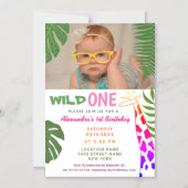 Wild ONE 1歳の誕生日 ジュングルサファリ キリン 写真 マグネット招待状 (正面)