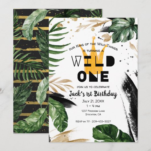 Wild One 1歳の誕生日 | 物の王様の王冠 招待状 (正面/裏面)