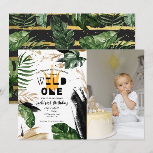 Wild One 1歳の誕生日 | 物の王様クラウン 招待状 (正面/裏面)