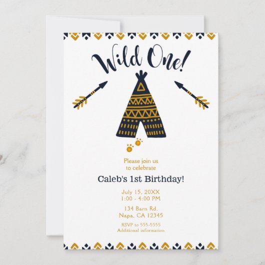 Wild One 1歳の誕生日 青と金のテントパーティー 招待状 (正面)