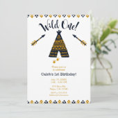 Wild One 1歳の誕生日 青と金のテントパーティー 招待状 (スタンド正面)