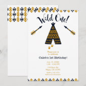 Wild One 1歳の誕生日 青と金のテントパーティー 招待状 (正面/裏面)