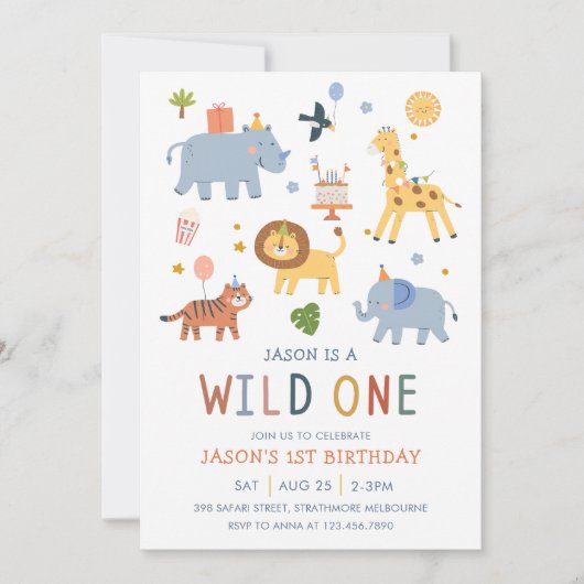 Wild One 1st Birthday Safari Animals Cute Kids 招待状 (正面)