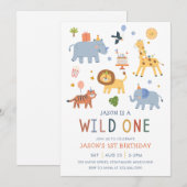 Wild One 1st Birthday Safari Animals Cute Kids 招待状 (正面/裏面)