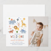 Wild One 1st Birthday Safari Animals Cute Photo 招待状 (正面/裏面)
