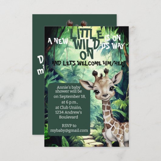Wild One Adventure：サファリをテーマにしたベビーシャワー 招待状 (正面/裏面)