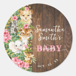 Wild One Animal Rustic Safari Pink Baby Shower ラウンドシール
