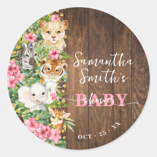 Wild One Animal Rustic Safari Pink Baby Shower ラウンドシール (正面)