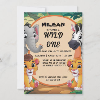 Wild One Animals 男の子の誕生日パーティー 招待状