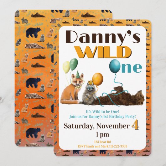 Wild One Animals First Birthday Invitation 招待状 (正面/裏面)