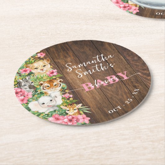 Wild One Animals Rustic Pink Safari Baby Shower ラウンドペーパーコースター (アングル)