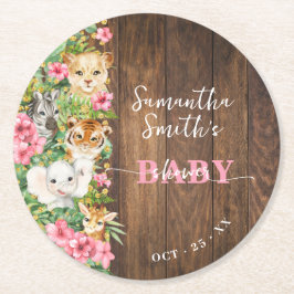 Wild One Animals Rustic Pink Safari Baby Shower ラウンドペーパーコースター