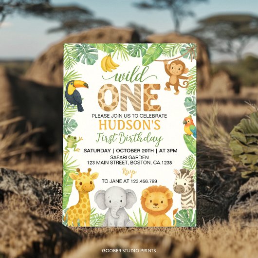 Wild One Animals Safari 1st Birthday 招待状