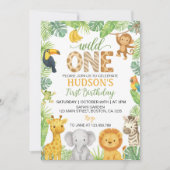 Wild One Animals Safari 1st Birthday 招待状 (正面)