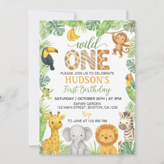 Wild One Animals Safari 1st Birthday 招待状 (正面)