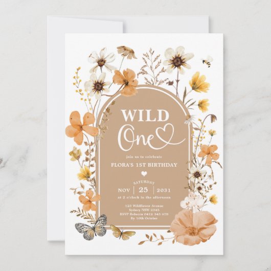 Wild One: Autumnal Fall Wildflower First Birthday 招待状 (正面)