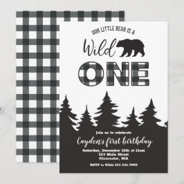 Wild One Bear バッファロー チェック ファースト バースデー インビテーション
