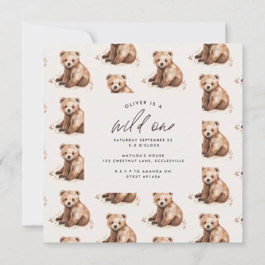 Wild One Bear Cub Baby Welcome 1st Birthday 招待状 (裏面)