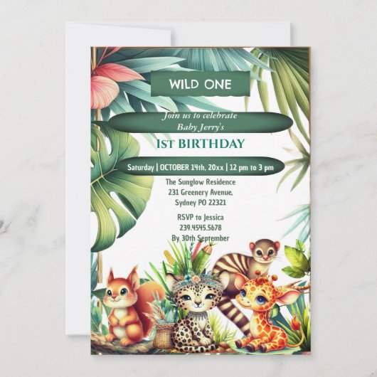 Wild One Birthday Jungle Safari Tropical Greenery  招待状 (正面)