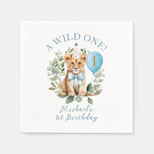 Wild One Birthday Lion Boy Birthday Floral Bow tie スタンダードカクテルナプキン (正面)