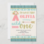 Wild one boho pink teal 1st first birthday party 招待状 (正面)