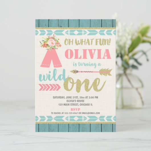 Wild one boho pink teal 1st first birthday party 招待状 (スタンド正面)