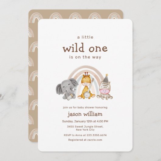 Wild One Boho Rainbow Safari Animals Baby Shower  招待状 (正面/裏面)