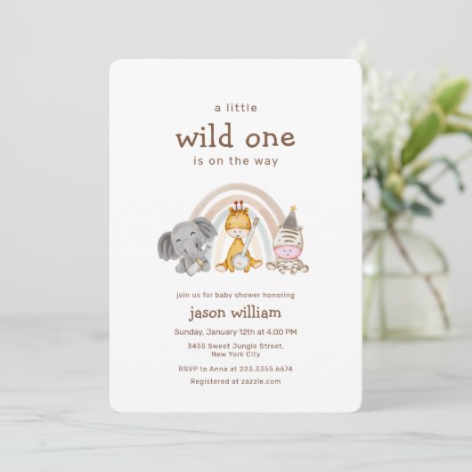 Wild One Boho Rainbow Safari Animals Baby Shower  招待状 (スタンド正面)
