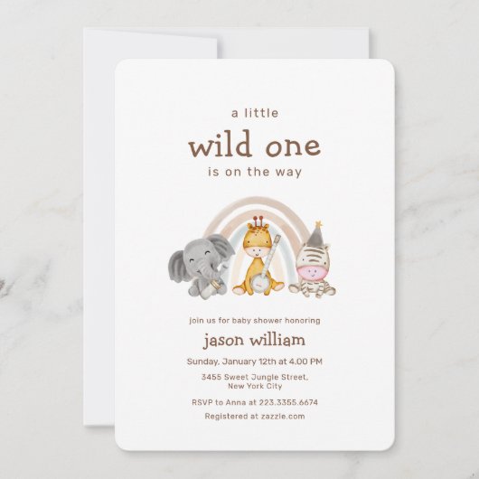 Wild One Boho Rainbow Safari Animals Baby Shower  招待状 (正面)