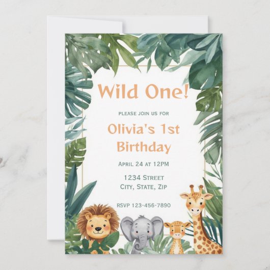 Wild One Boho Safari Jungle Animals 1st Birthday 招待状 (正面)